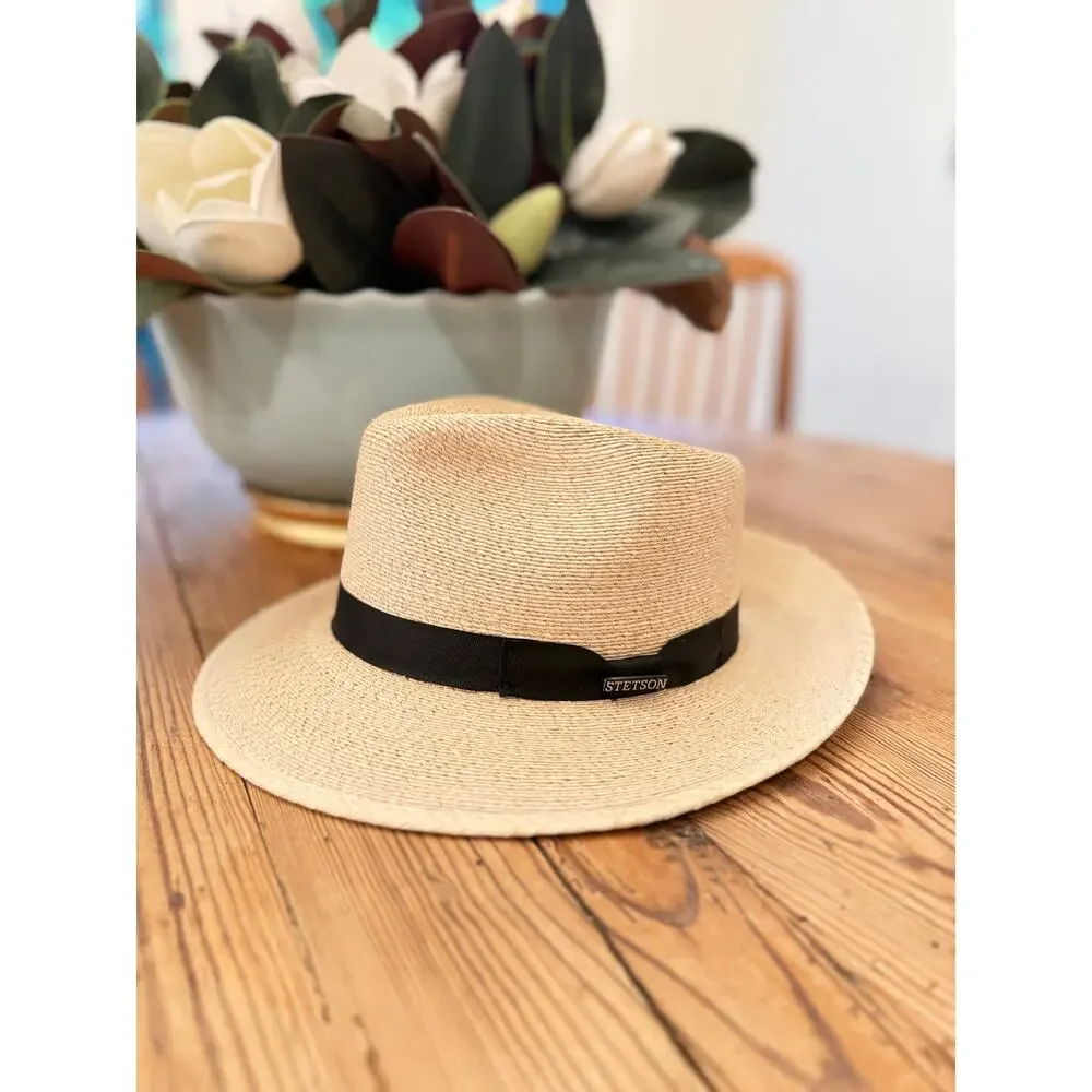 Stetson Rushmore Palm Fedora Hat Natural Straw Black Band Medium Made Mexico